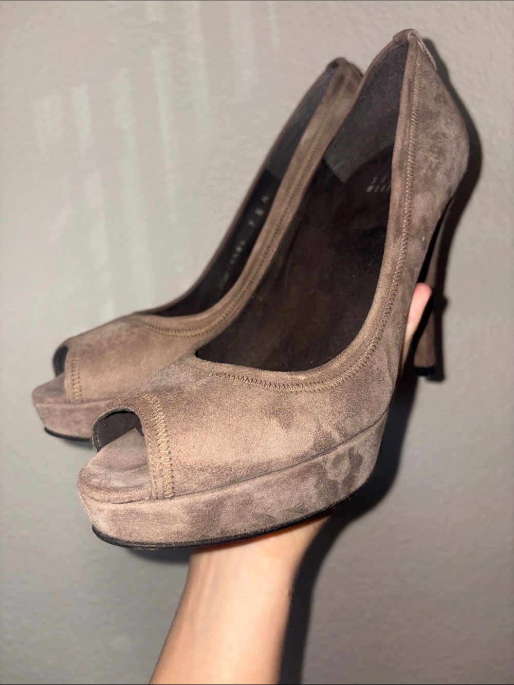 Stuart Weitzman Taupe Suede Peep-Toe Pumps